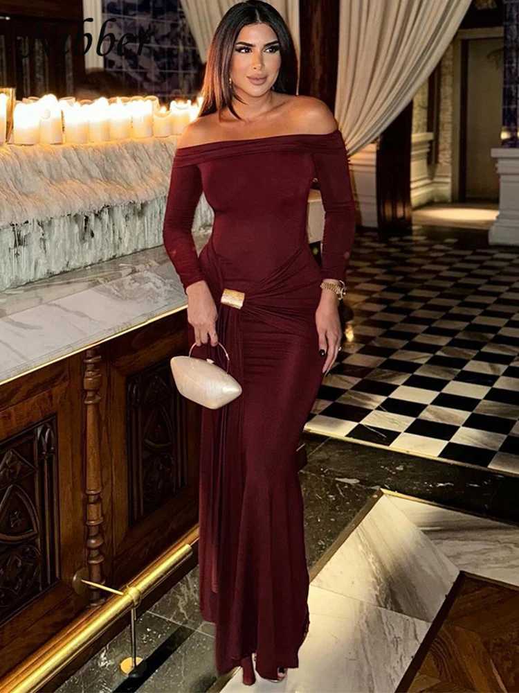 Nibber Elegant Party Dress Ruched Metal Buckle Ribbon Slash Neck Full Set Tight Stretch Birthday Party Slimming and Body Growth W250430