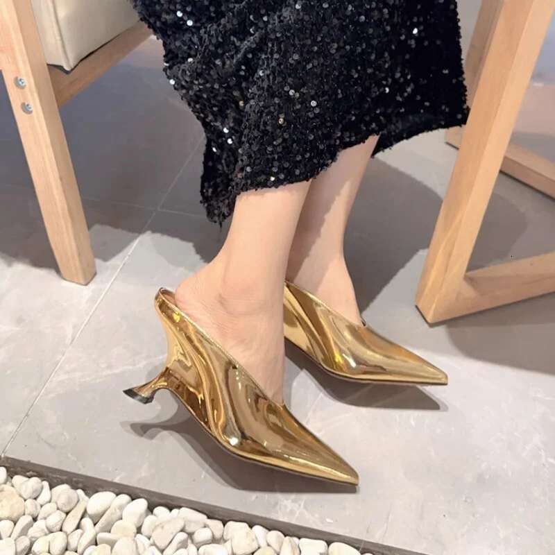 New Fashion Pointed Toe Mules Large Size Women Slippers Gold High Heels Wedge Heel Slip-on Sandals Closed toe Casual Shoes