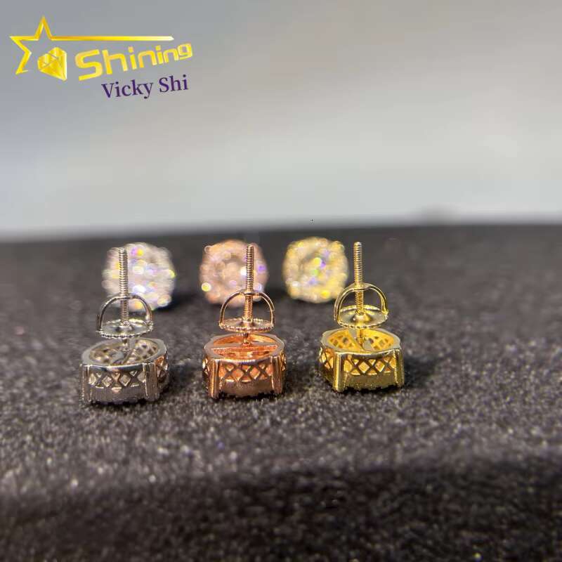 GRA Certificated 925 Sterling Silver Gold Plated Moissanite Stud Earrings Custom Iced Out Diamond Hip Hop Earrings