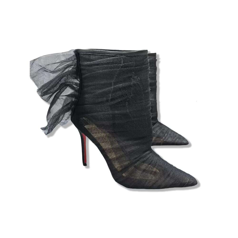Pointed Zipper Ankle Boot 10cmHeels Ladies Low BootS Mysterious and Sexy Shoes Black Lace Boots For Woman