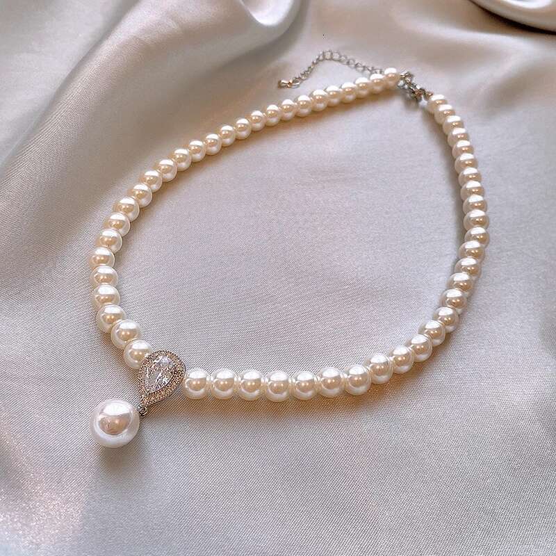 Pearl Zircon Pendant Water Drop Necklace For Women Retro Light Sweater Chain Necklaces Temperament Simple Jewelry Gift