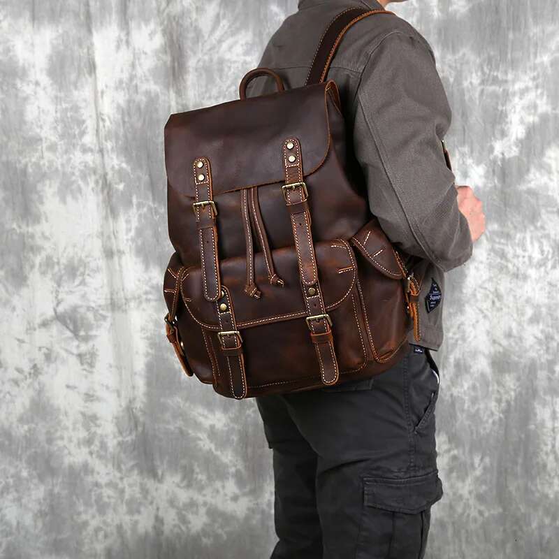 Retro Men's Top Layer Cowhide Travel Backpack Large Capacity School Crazy Horse Leather Laptop Bag NZPJ