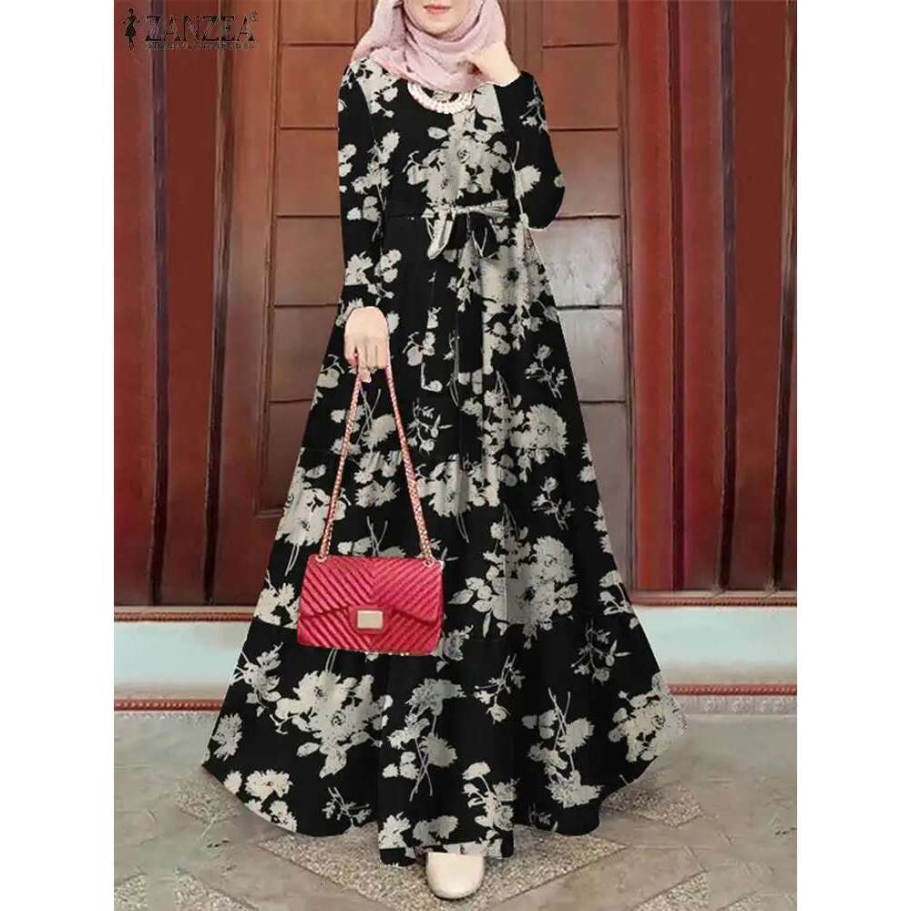 ZANZEA Spring Floral Printed Muslim Dress Long Sleeve Ramadan Turkey Vestidos Vintage Holiday Maxi Robe Kaftan Islamic Abaya