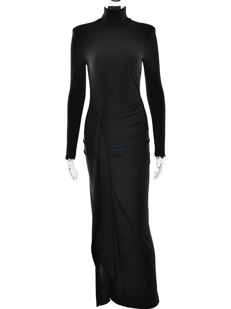 Fantoye sexy high seam bandage solid womens body tight pull turtle neck long sleeved streetwear womens dress new W250430