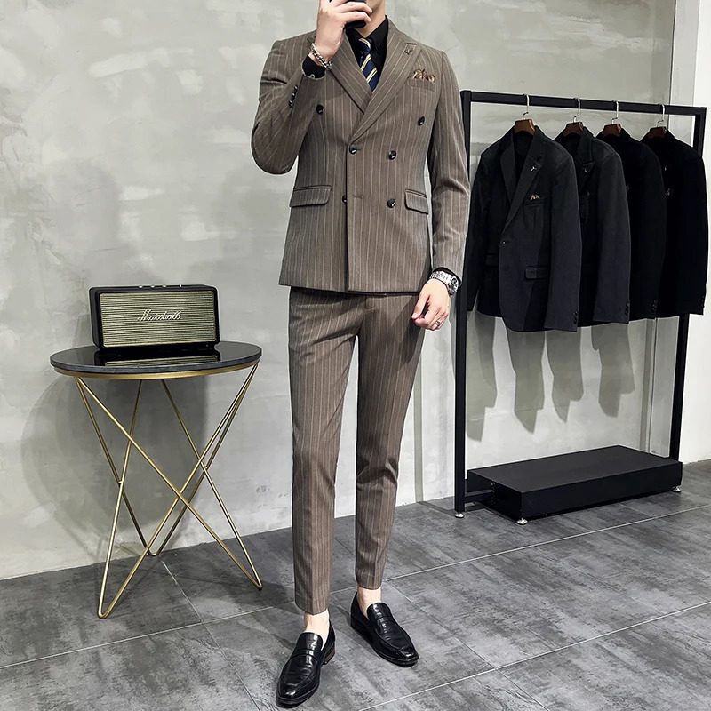 High quality Korean version slim fit business set setvestmens clothing striped double chest three piece 250428
