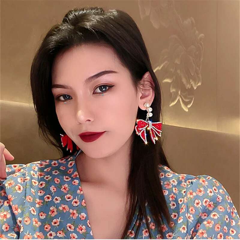 Red Bowknot Dangle Earrings For Women Three Pearl Rhinestone Earring Weddings Party Sparkle Jewelry Charms Accessories