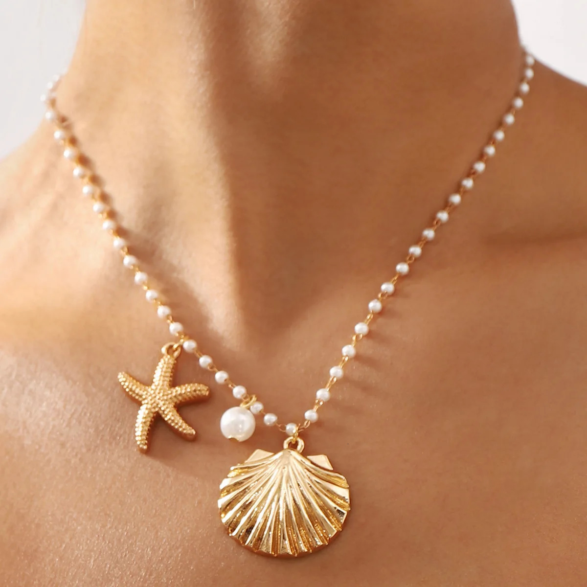 Starfish Shell Womens Necklace Pearl Trend Summer Party Holiday Statement Jewelry Fashion Charm Accessories 250415
