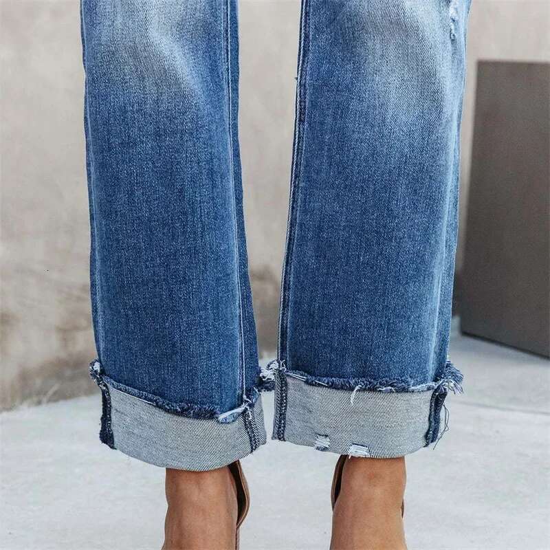 Women High Waist Slant Buckle Splice Straight Jeans Broken Holes Casual Denim Pants New Female Office Commuter Washable Trousers