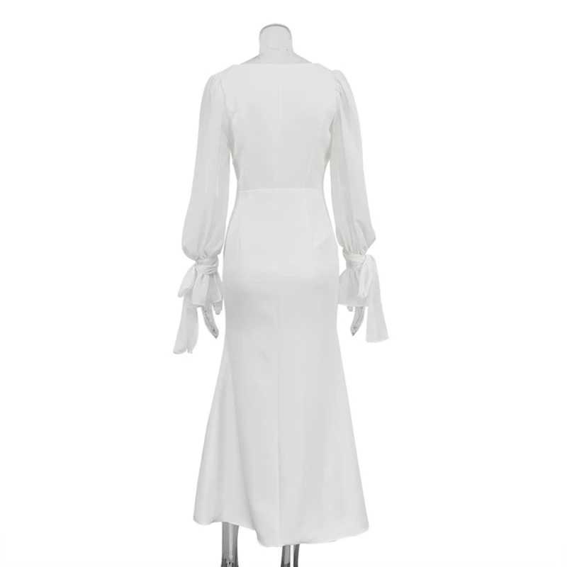 White office womens fashionable ultra-thin square neckline long sleeved ankle length dress spring womens clothing dress W250430