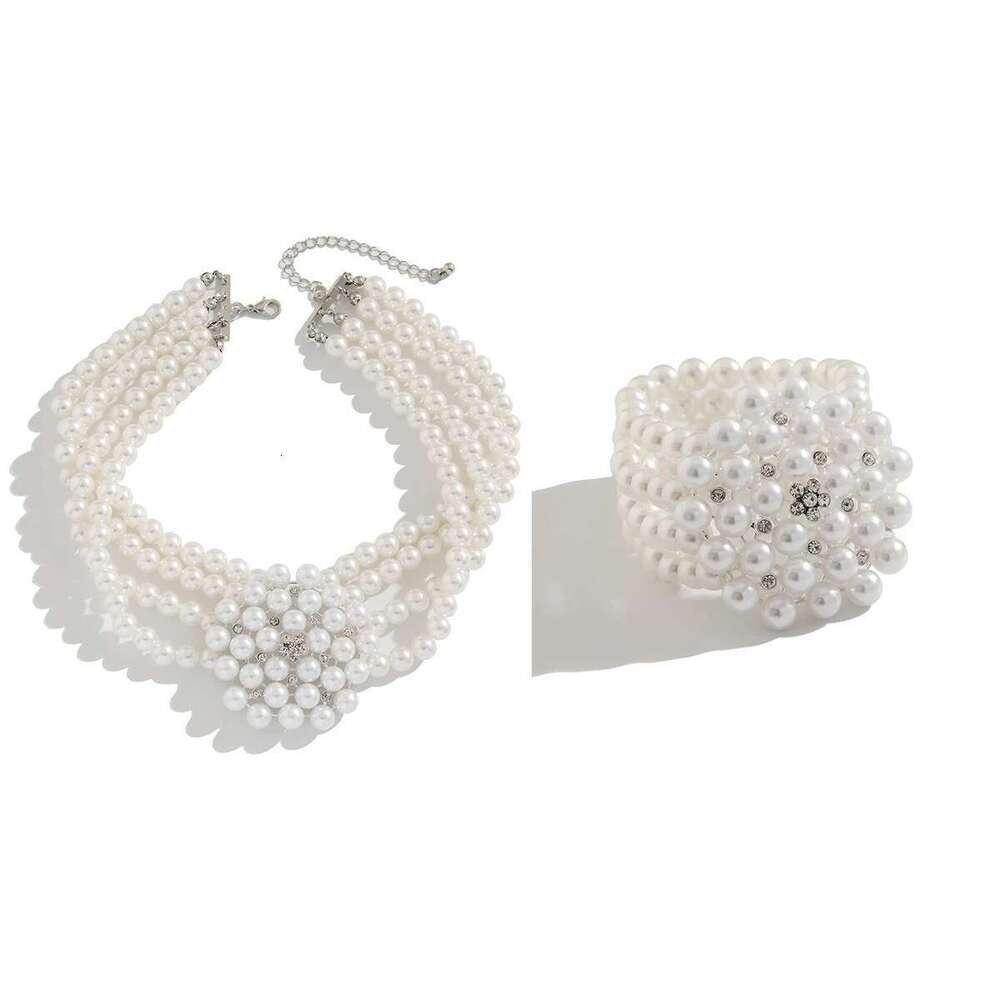 Ingemark 2Pcs Elegant Multilayer Imitation Pearl Chain Necklace Bracelet Women Wed Bridal Flower Choker Aesthetic Jewelry Set