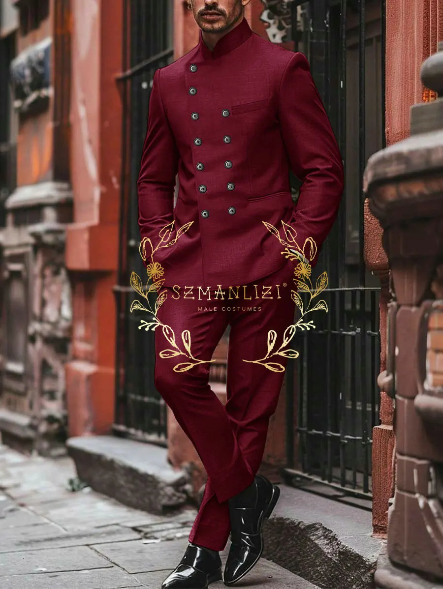 Light Grey Mens Ball Set Double Chest Stand up Collar Slimming Wedding Dress Fashionable 2piece Jacket Pants 250428