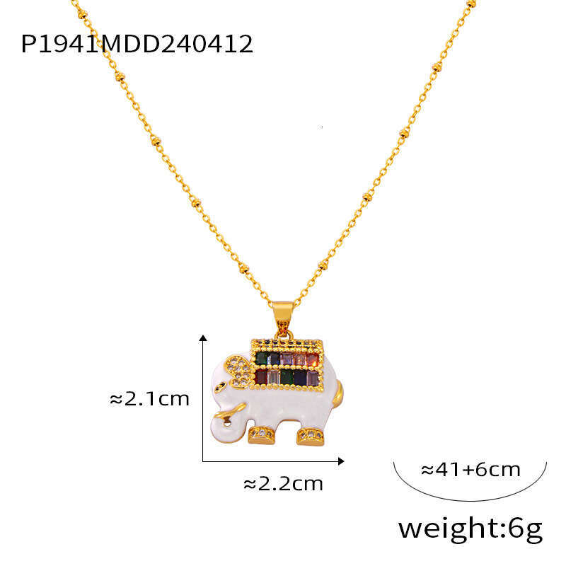 Ins Style Personalized Bead Chain Jewelry With Drip Oil Inlaid Dia Elephant Design, Copper Material Pendant, Titanium Steel Necklace