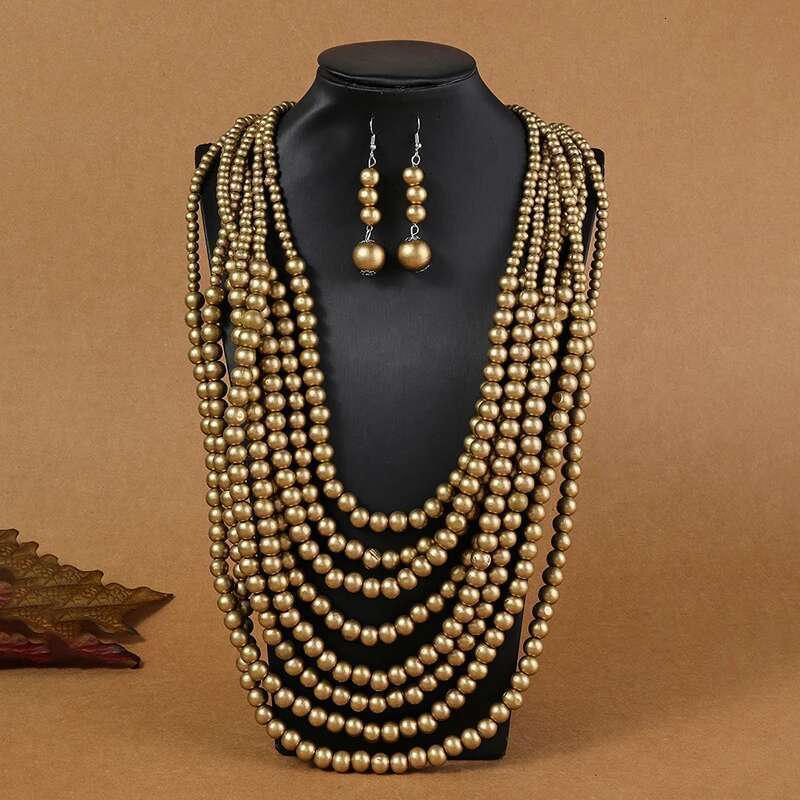 1Set African Style Multi-Layer Wooden Bead Chokers Colorful Bohemian Necklace Earrings Set Party Jewelry