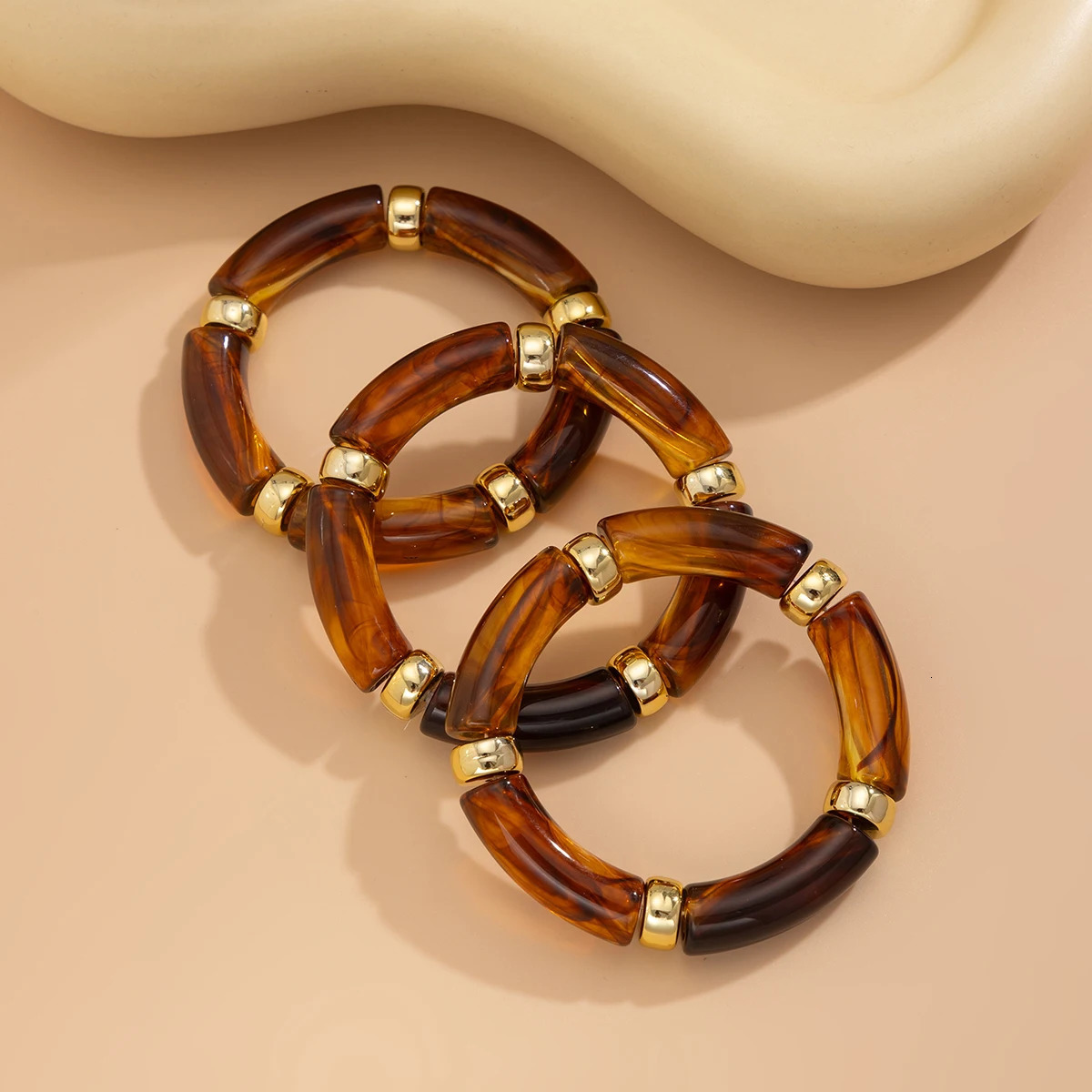 PuRui 3 pieces/set Bohomia colorful bamboo tube stackable plastic bead bracelet womens retro elastic bracelet couple jewelry 250428