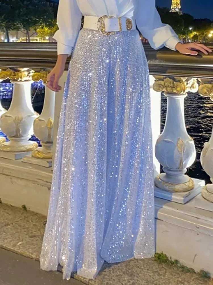 BWQ patchwork sequin long dress for women fashionable folding loose V-neck elegant dress for women party evening dress luxury 2024 W250430