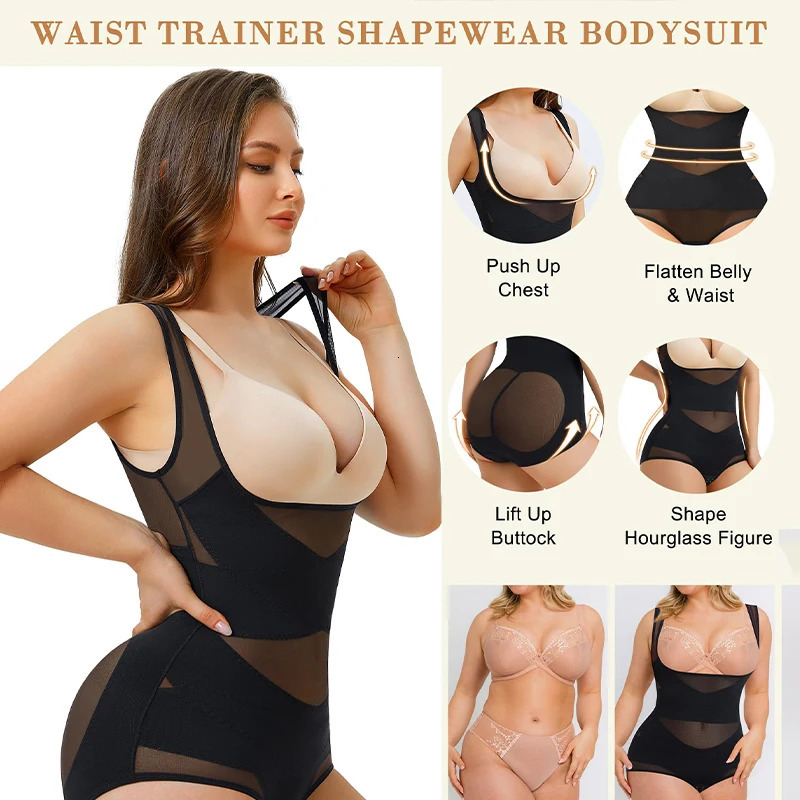 Mesh Shapewear Bodysuit for Women Tummy Control Waist Trainer Butt Lifter Panties Slimming Body Shaper Open Bust Underwear 250424