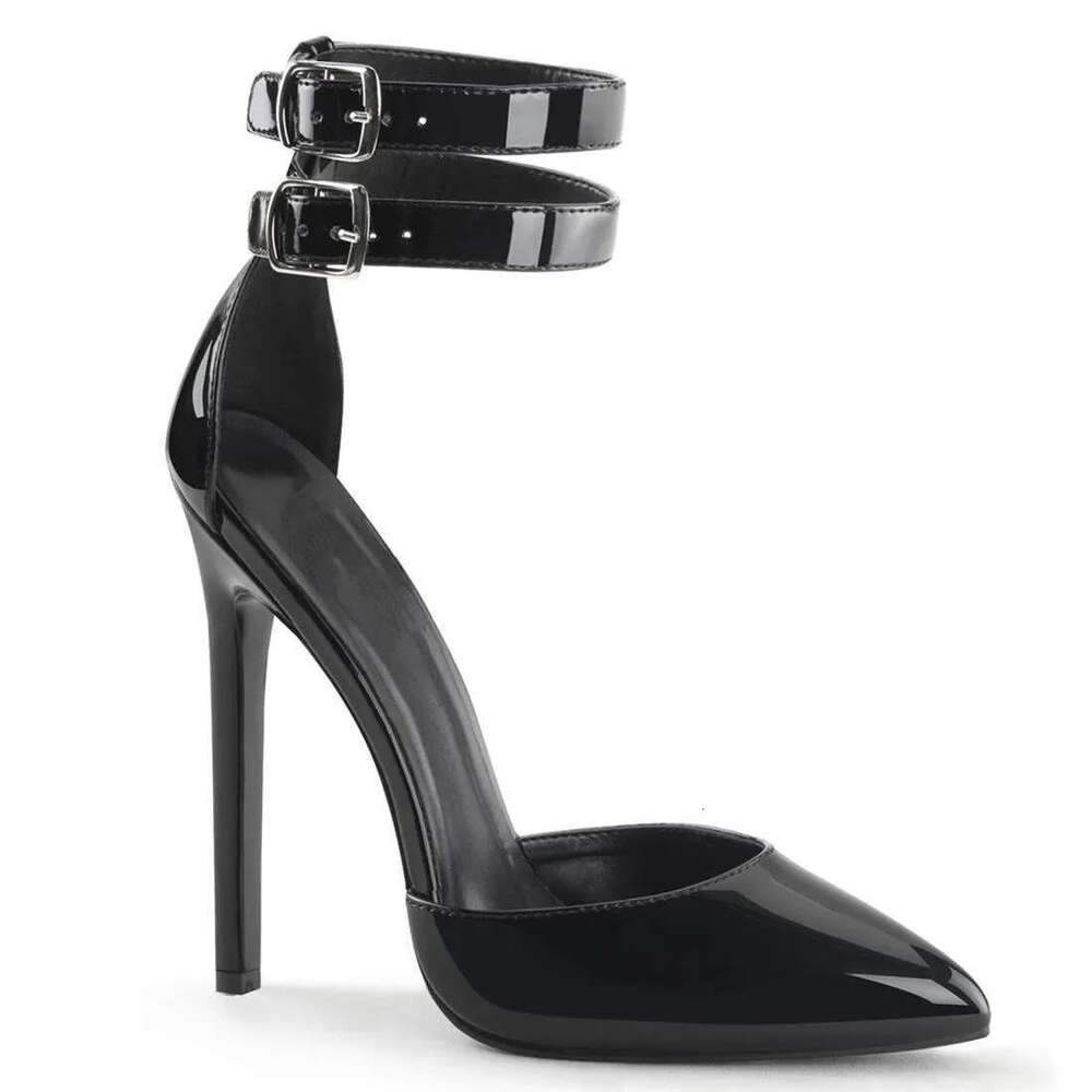 Ankle Buckle Pointed High Shallow Mouth Stilettos Patent Leather Sandals With Heels Fashionable Buckled Women Shoes