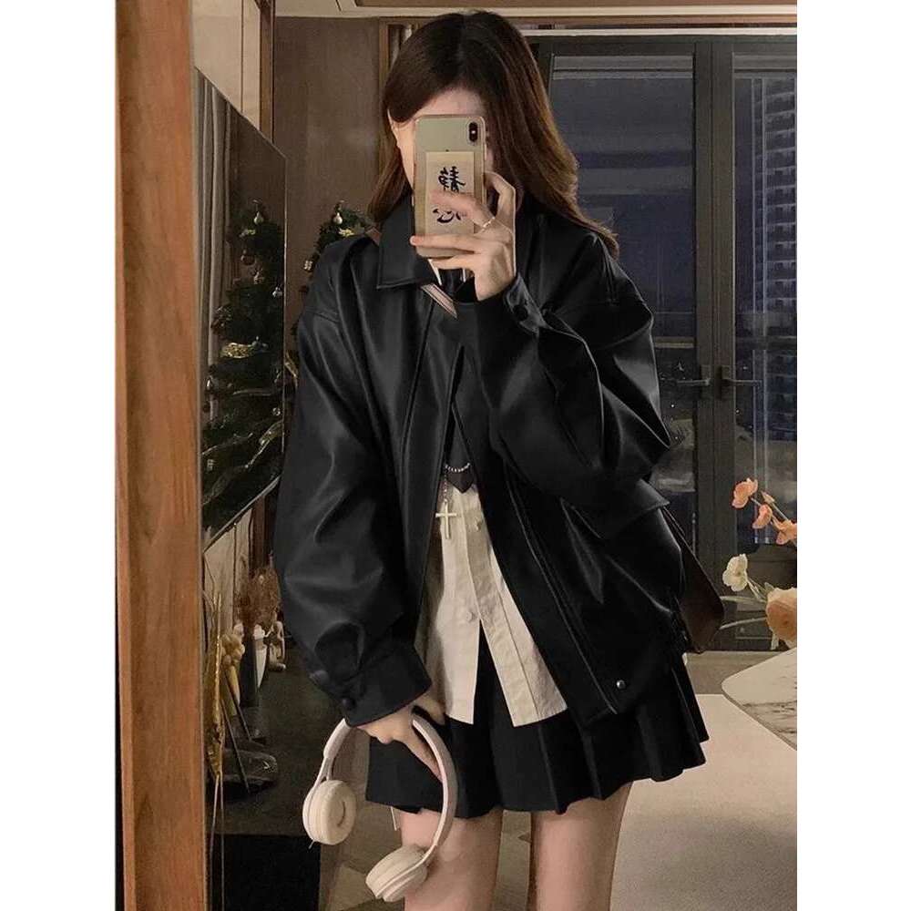 2025 New Meridian Brown Biker Leather Female Spring and Fall American Retro Windproof Pu Jacket