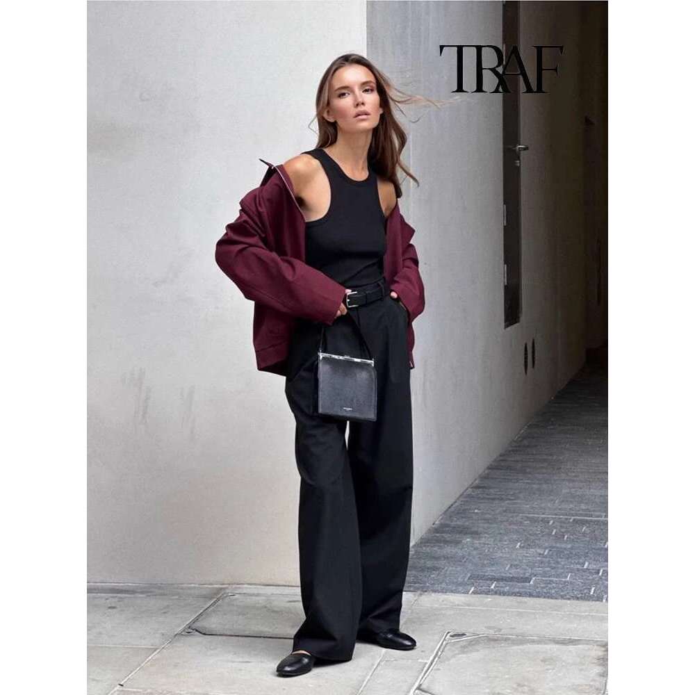 TRAF Women's Fashion Bordeaux Red Zipper Vintage Bury Lapel Long Sleeve Casual Loose Street Commuter Jacket