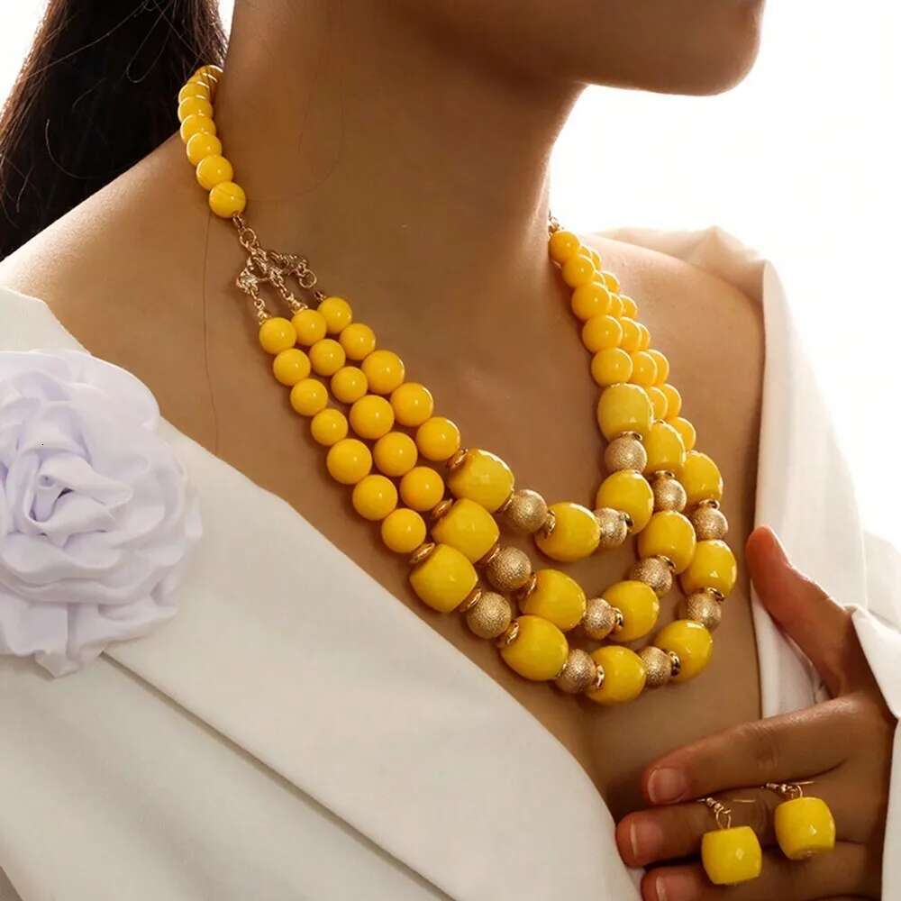 Trendy Fashion Colored Acrylic Big Beads Handmade Beaded Statement Necklace Earrings Jewelry Set Women's Party Accessories