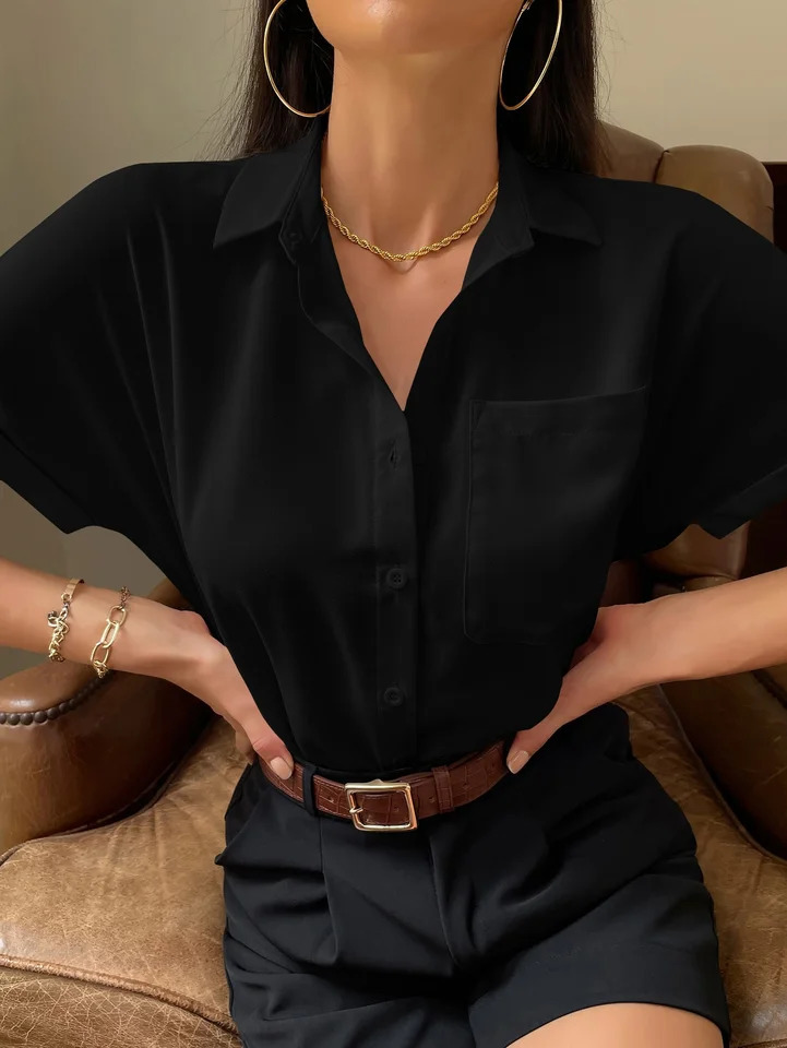 SpringSummer Casual Womens Black Short sleeved Shirt 250422