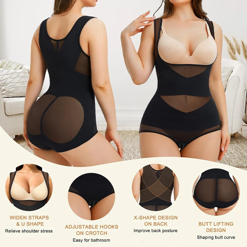Mesh Shapewear Bodysuit for Women Tummy Control Waist Trainer Butt Lifter Panties Slimming Body Shaper Open Bust Underwear 250424