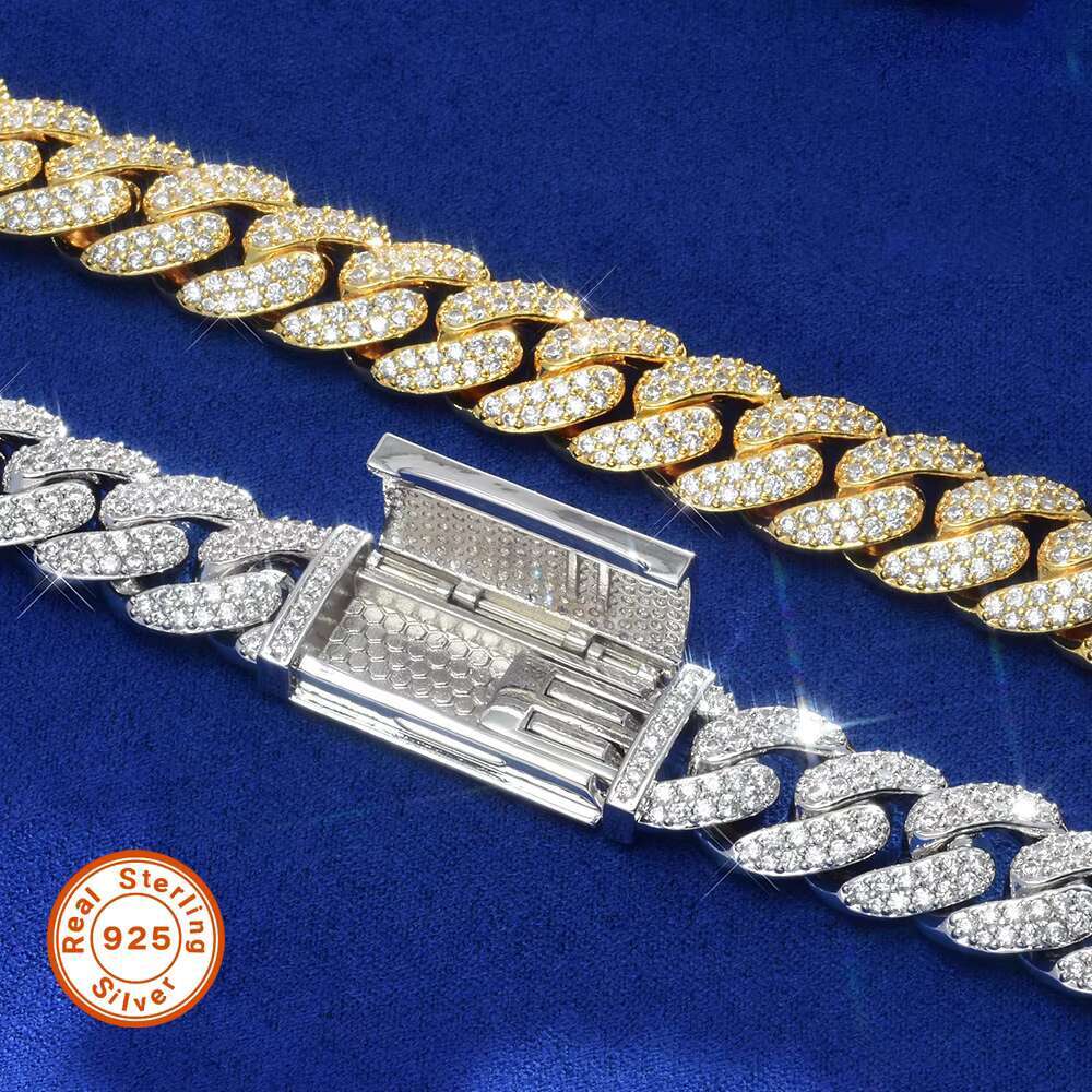 Mozambique 925 Silver Cuban Chain 12mm Gold Plated Geometric Pattern for Weddings Engagements Top Vvs Moissanite Necklace