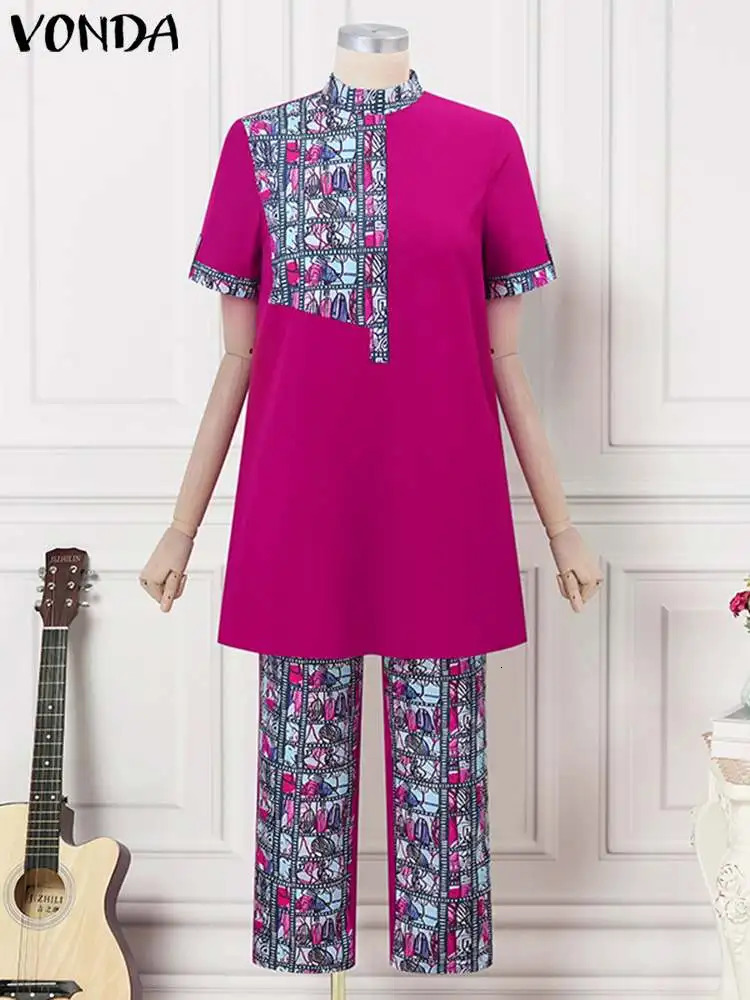 Size 5XL VONDA Pants Set Womens Bohemian Set Summer Printed Vertical Collar Short Sleeve Top Pants Casual Set 250427