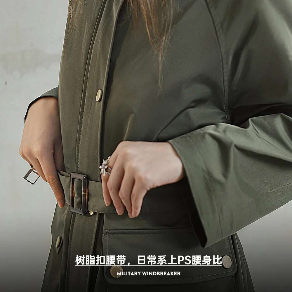 Maden Retro Olive Green Mid-length Trench Loose Fit with Flap Pockets Versatile Spliced Coat for Women's Spring and Autumn