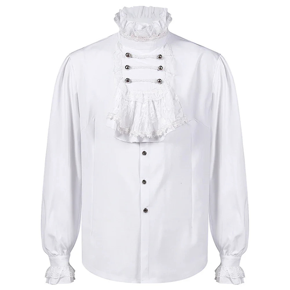 2024 Mens Gothic White Shirt and Top Retro Victorian Medieval Lace Ruffle Collar Puff Sleeve Clothing 250427