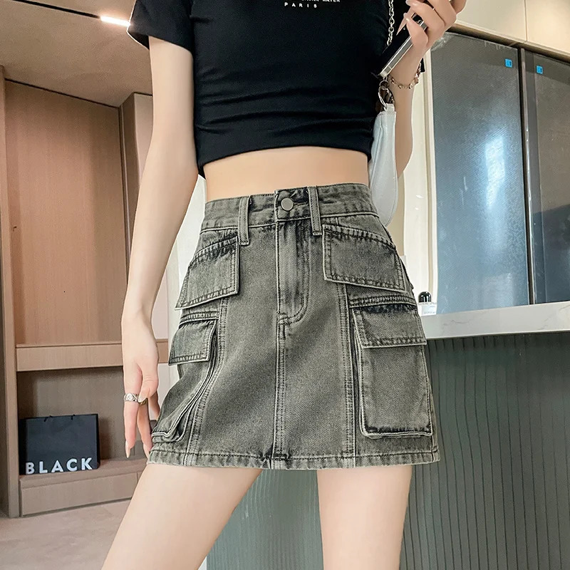 KSTUN 2025 Summer Womens Denim Skiing Grey High Waist Cargo Jeans Retro Multi Pocket n Sexy Girl Sprint 250425