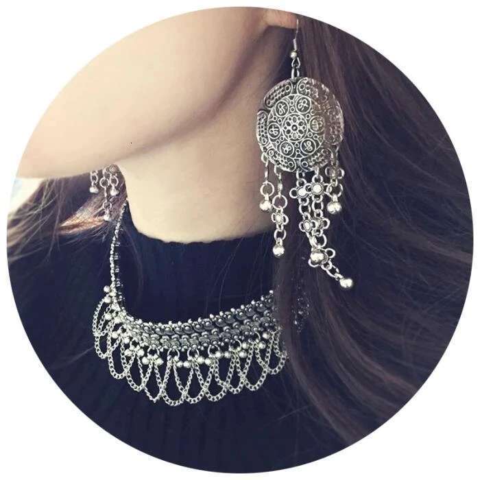 Afghan Vintage Sier Color Metal Coin Tassel Statement Collar Necklaces Bracelets Earrings Sets For Women Boho Tribal Party