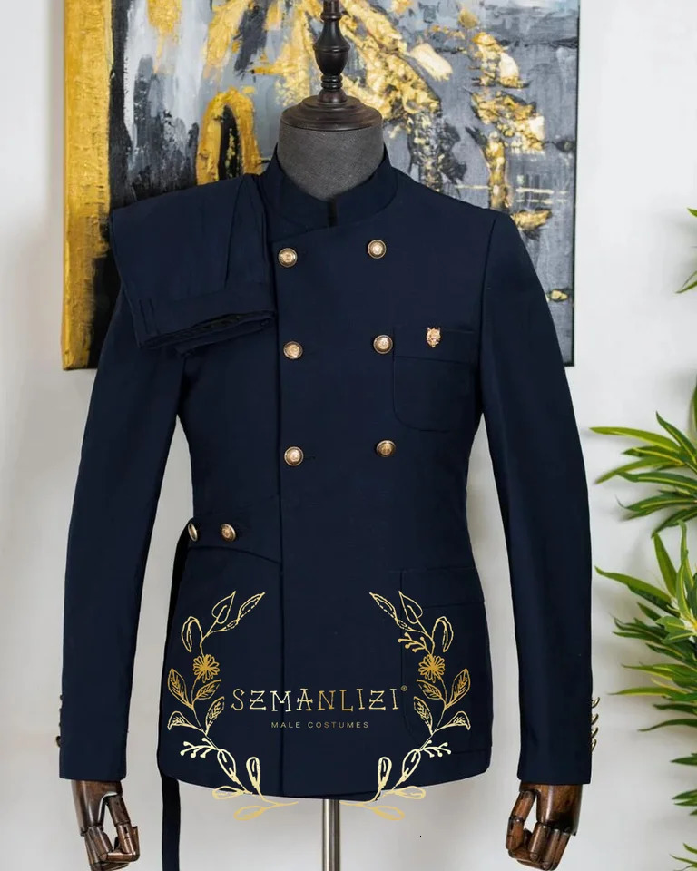 Formal mens 2piece jacket pants full set double chest frame collar blue custom clothing 250428