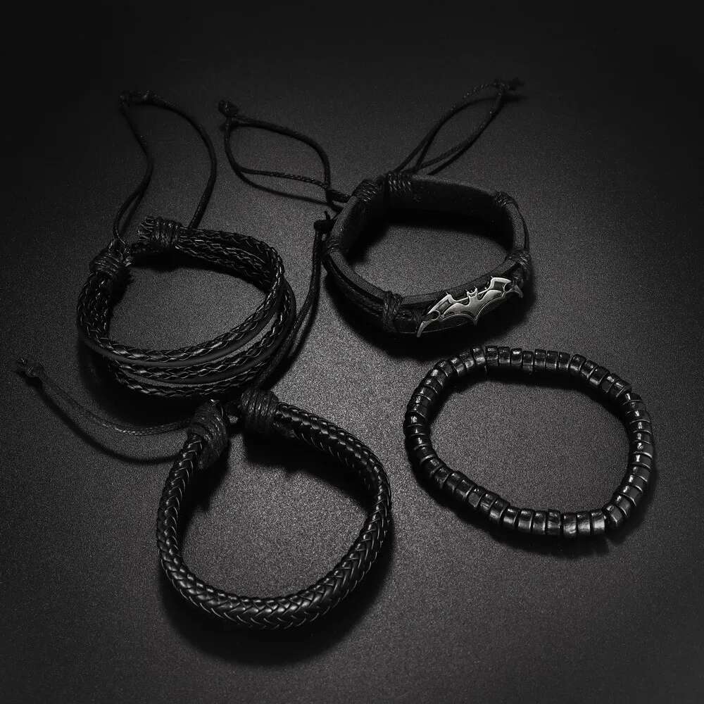 4Pcs/Set Leather Beaded Black Bat Charming Men's Bracelet New Fashion Hip Hop Punk Accessories Jewelry Gift Wholesale