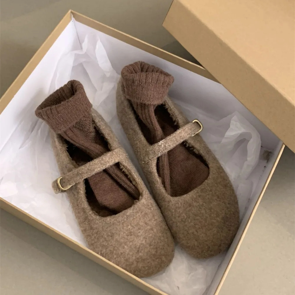Fashion Square Toe Wool Ballet Apartment Womens Winter Warm Wool Mary Jane Shoes Womens Elegant Plush Coat 250425