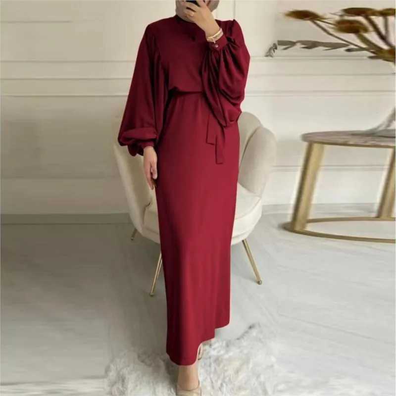 Bohemian womens dress spring and summer fashion lantern long sleeved belt bag hip O-neck casual long skirt W250430