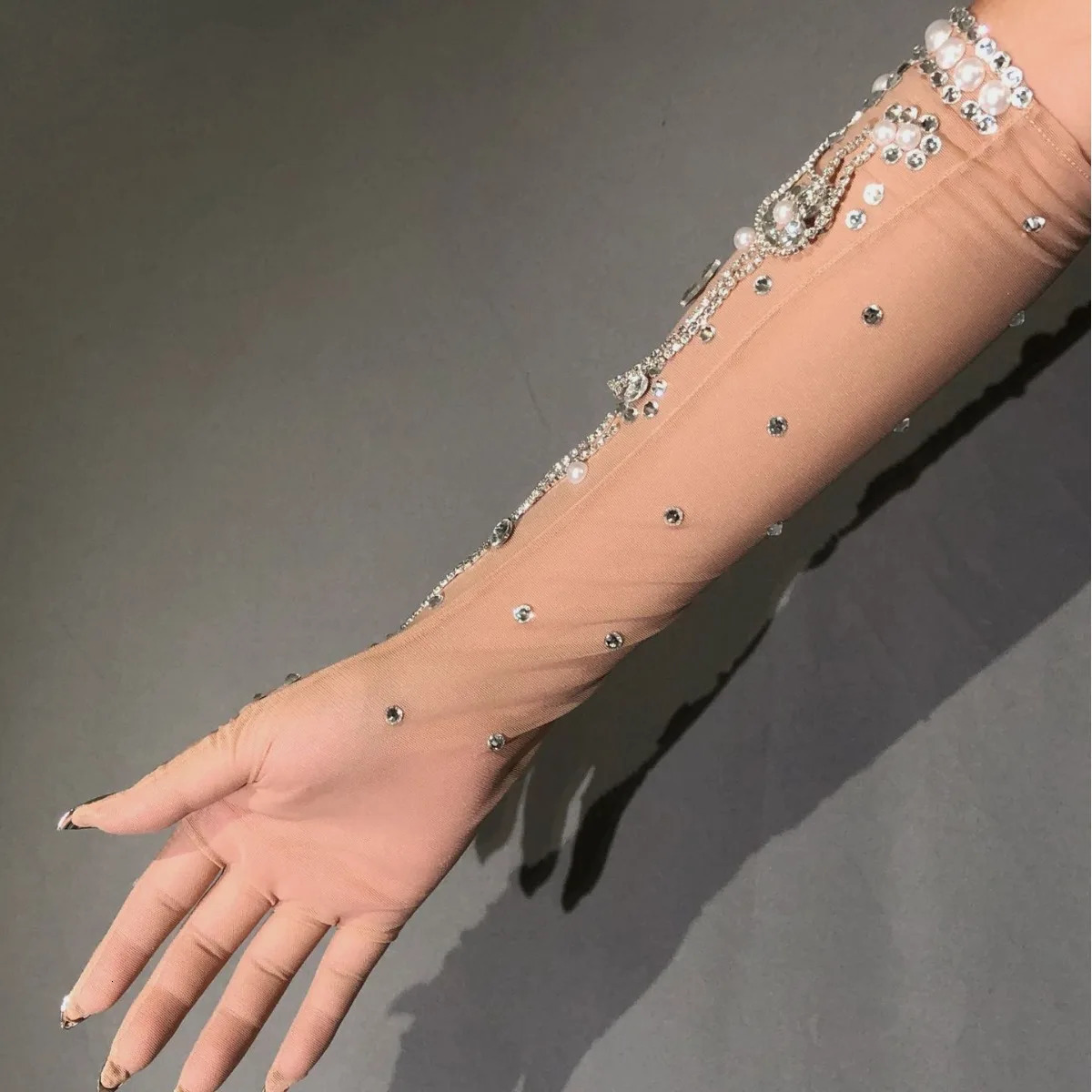 Lace Sexy Gloves Stage Dance Stage Performance Arm Sleeves Female Flash Drilling Rhinestone full Finger Gloves crystal 250420