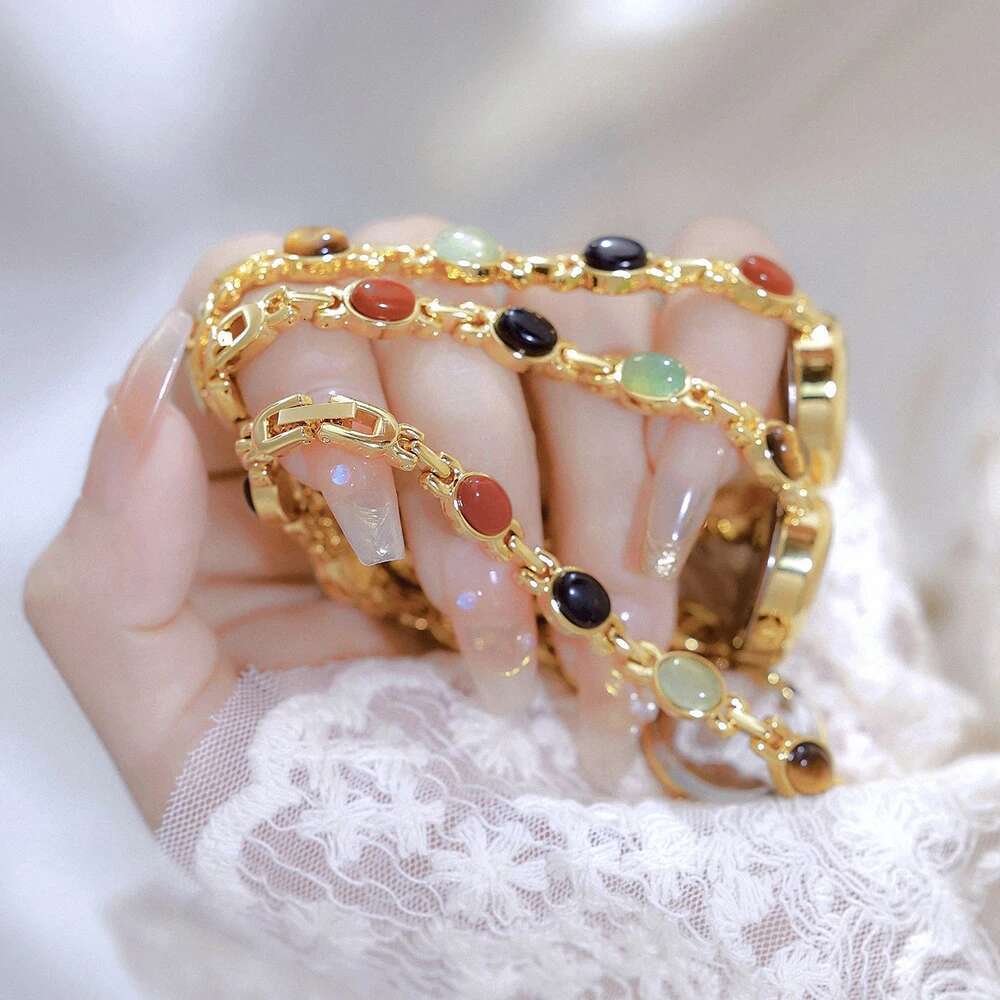 Women's Watch Vintage Natural Colorful Jade Bracelet Wristwatches Clock, Elegant Small Oval Dial Quartz Watch Waterproof