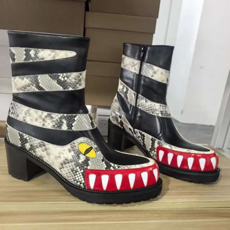 New brand Single Platform Thick Heel Shoes Teeth Print Ankle Men Street Round Casual Shoe Runway Catwalk Boots
