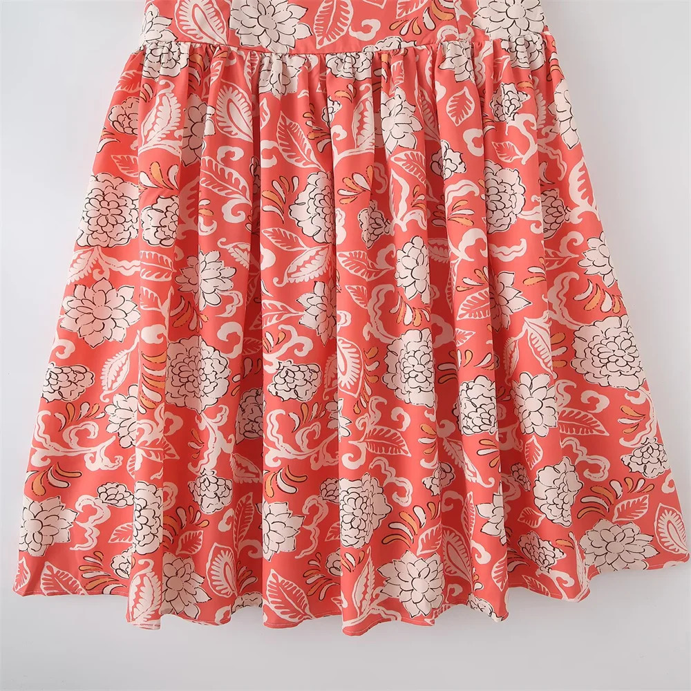 PB ZA 2025 Womens Spaghetti Strap A - Line Midi Dress with Coral and White Floral Print for a Charming Summer Look 250428
