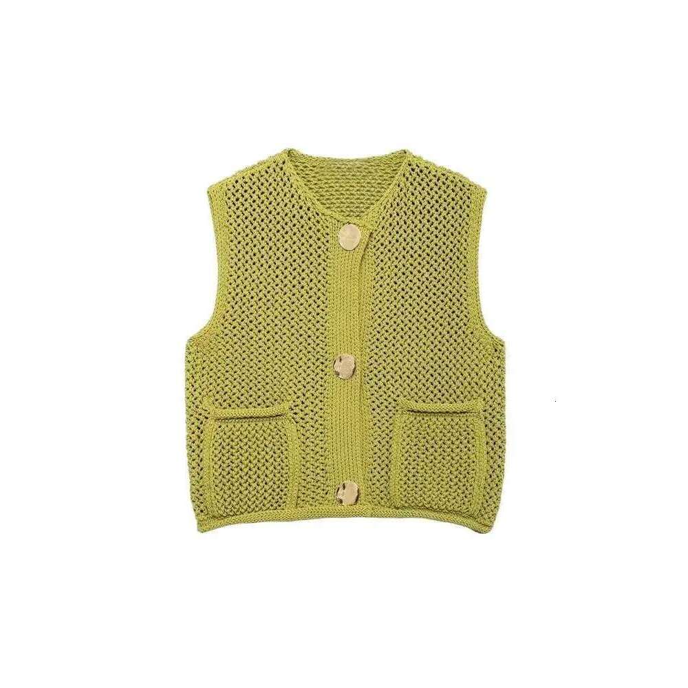 Trza-Women's Knitted Vest Sweater With Golden Buttons, O-Neck, Sleeveless, Patch Pockets, Female Outerwear, Chic Tops,Fashion