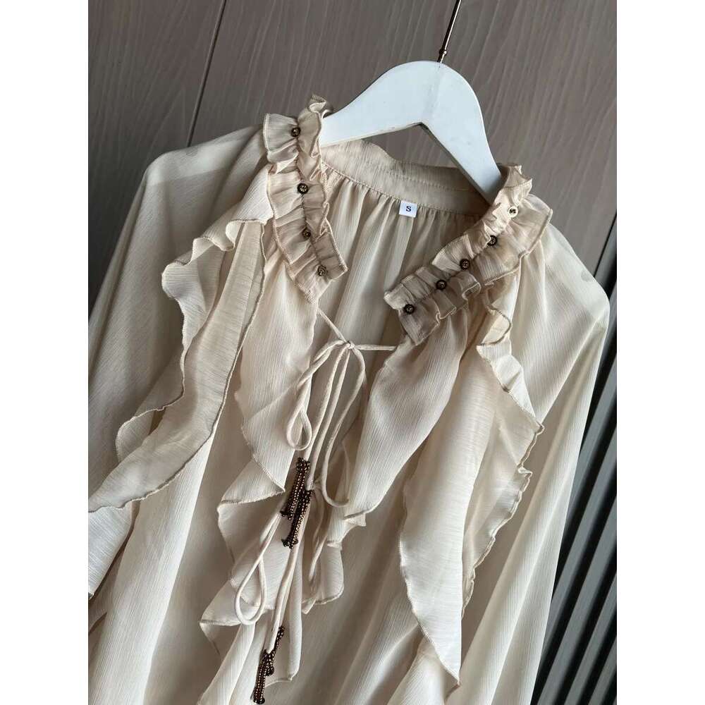 ETJ Spring 2025 New traf Women's Fashion Translucent fabric beaded rivets decorated V-neck lace ruffled romantic shirt