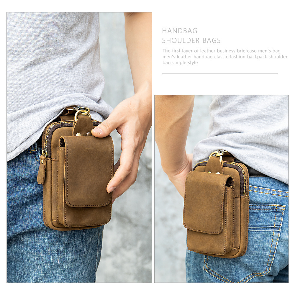Waist top layer cowhide belt bag, men's work site wearing belt, vertical genuine leather multifunctional mobile phone bag