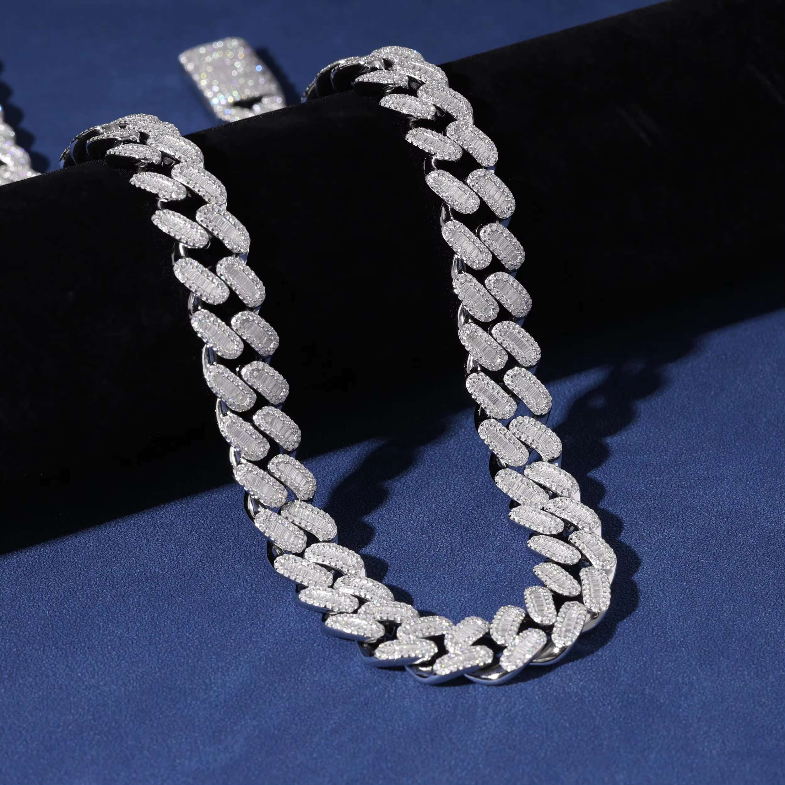 New High Quality T Baguette VVS D Moissanite Cuban Link Chain Iced Out Bling 925 Sterling Silver Necklace Jewelry for Men