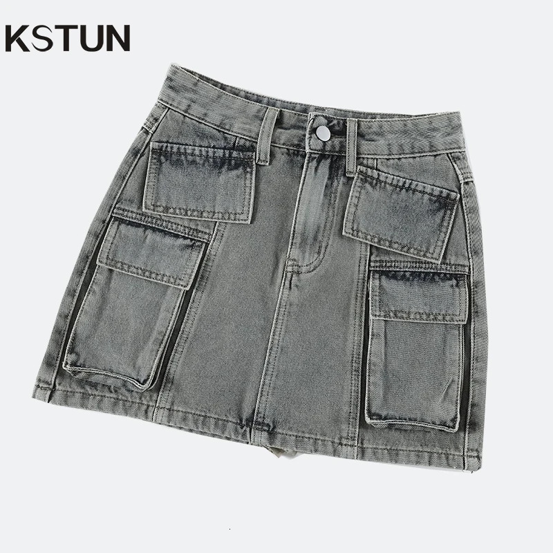 KSTUN 2025 Summer Womens Denim Skiing Grey High Waist Cargo Jeans Retro Multi Pocket n Sexy Girl Sprint 250425