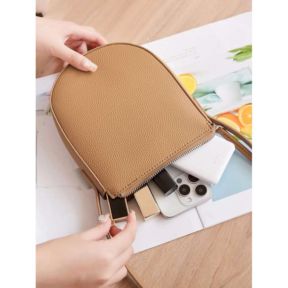Classic Minimalist Solid Color Women's Crossbody Fashionable Three-Dimensional Zipper Single Shoulder Bagpuleather Phone Bag