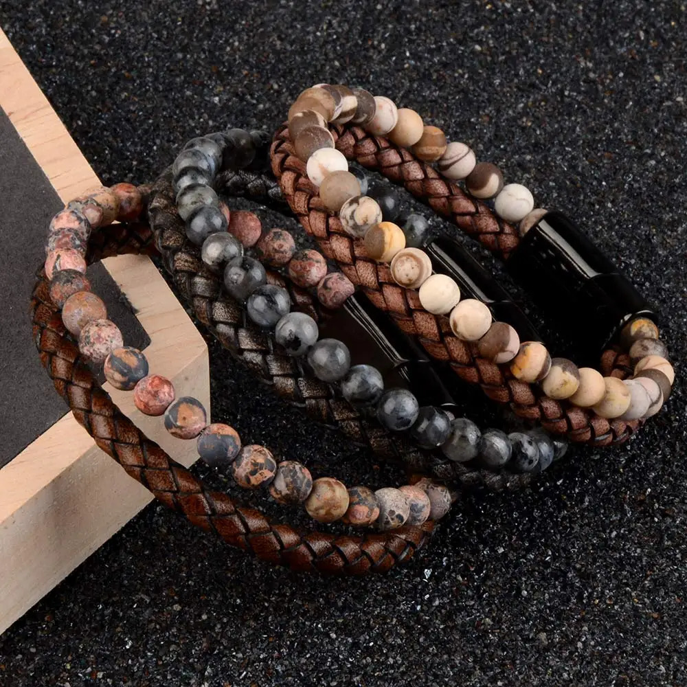 Natural stone bracelet genuine leather woven bracelet black stainless steel magnetic buckle tiger eye bracelet mens jewelry 250428