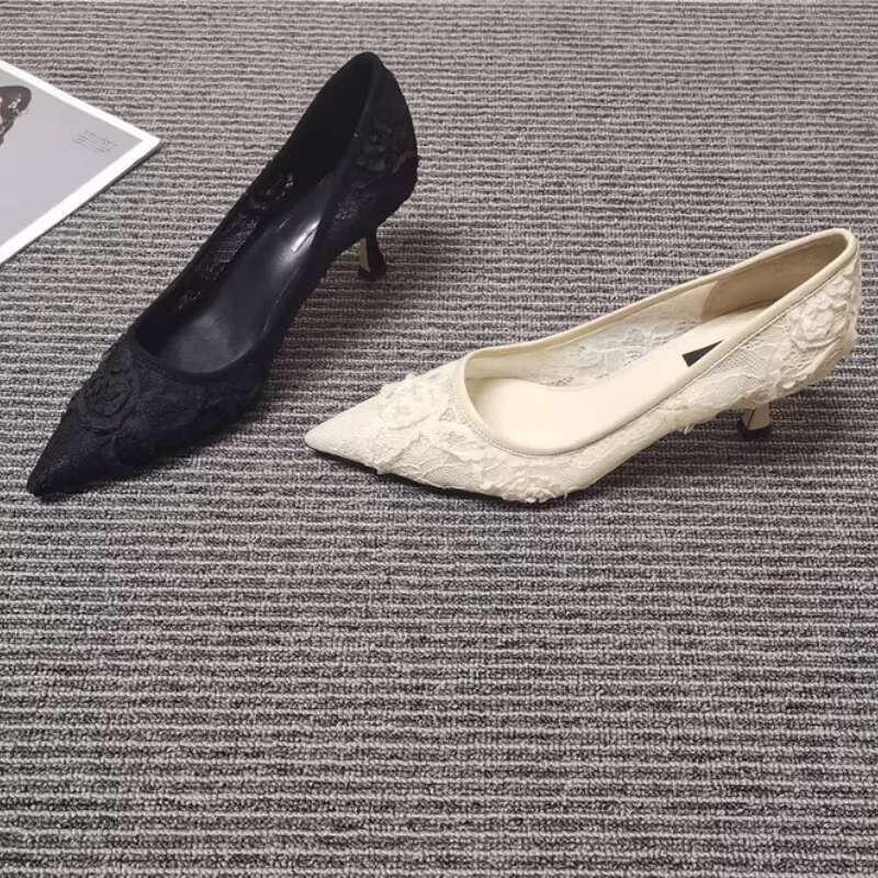 Fashionable Women Stilettos Lace Breathable High Heels Sexy Pointed Mesh Shallow Sandals Elegant Wedding Shoes Slip on Sho