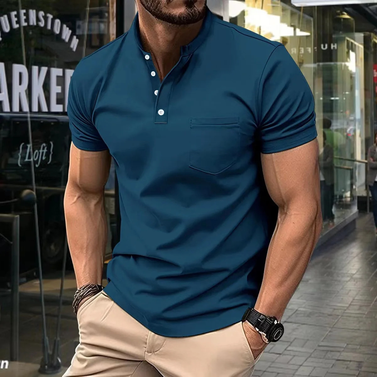 Mens casual polo shirt V-neck button up business solid color casual sports short sleeved polo shirt 250428