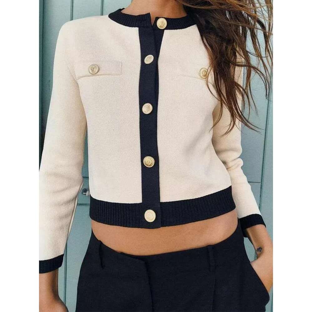 Fashionable and simple women's clothing new contrast color trim sweater cardigan long sleeve round neck knitted jacket